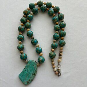 Boho Indie Genuine Stone Blue Turquoise Color Round Beaded Pendant Necklace